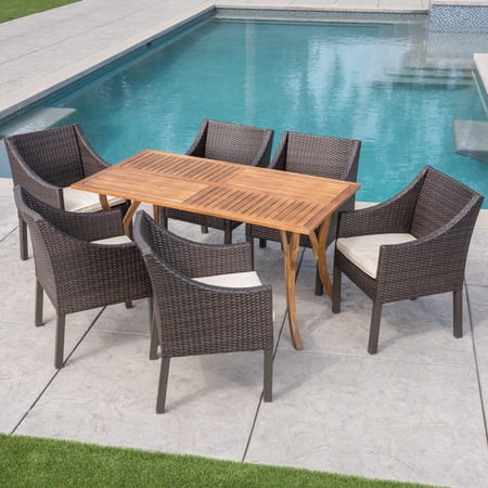 Leslie Outdoor 7 Piece Acacia Wood and Wicker Dining Set with Cushions, Teak, Multi Brown, Beige