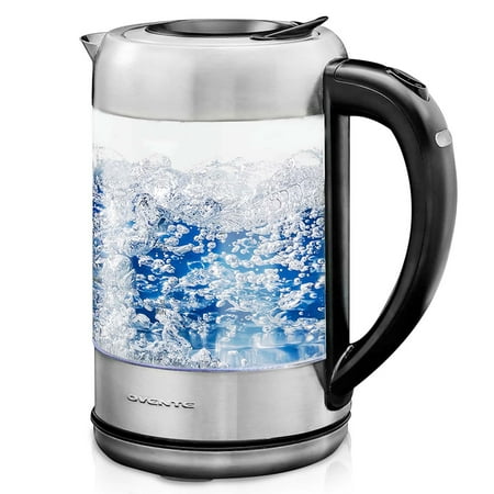 OVENTE Electric Glass Hot Water Kettle  1.7 Liter  Blue LED Light Borosilicate Glass  ProntoFill Technology  Easy Refill