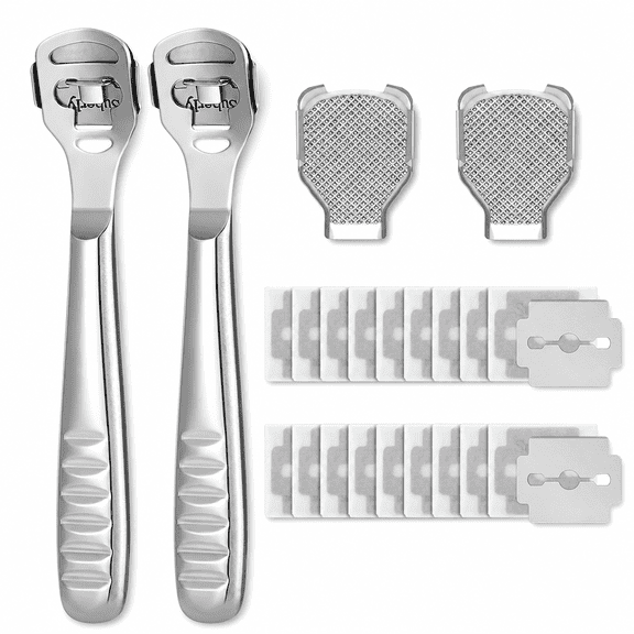 24Pcs Callus Shaver Set, 2 Shavers 20 Blades 2 File Heads, Grooved Handle Foot Care Tool