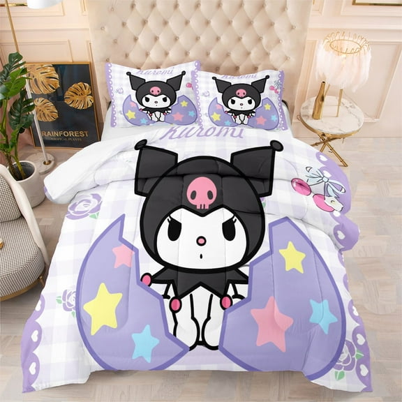 3-Piece Kuromi Quilt Bedding Set Full Size Purple Kids Pillowcases Comforter Sets NEW