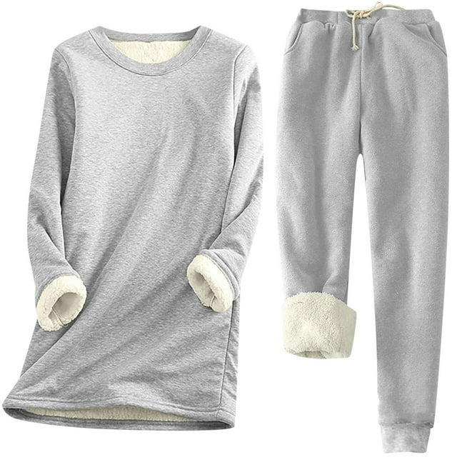 Kcodviy Femmes Automne et Hiver Haut Froncé Confortable Décontracté Couleur Unie Col Rond Manches Longues Plus Polaire Chemise de Base Mi-Longue Pantalon Taille Élastique Épaissi Ajusté Costume Chaud