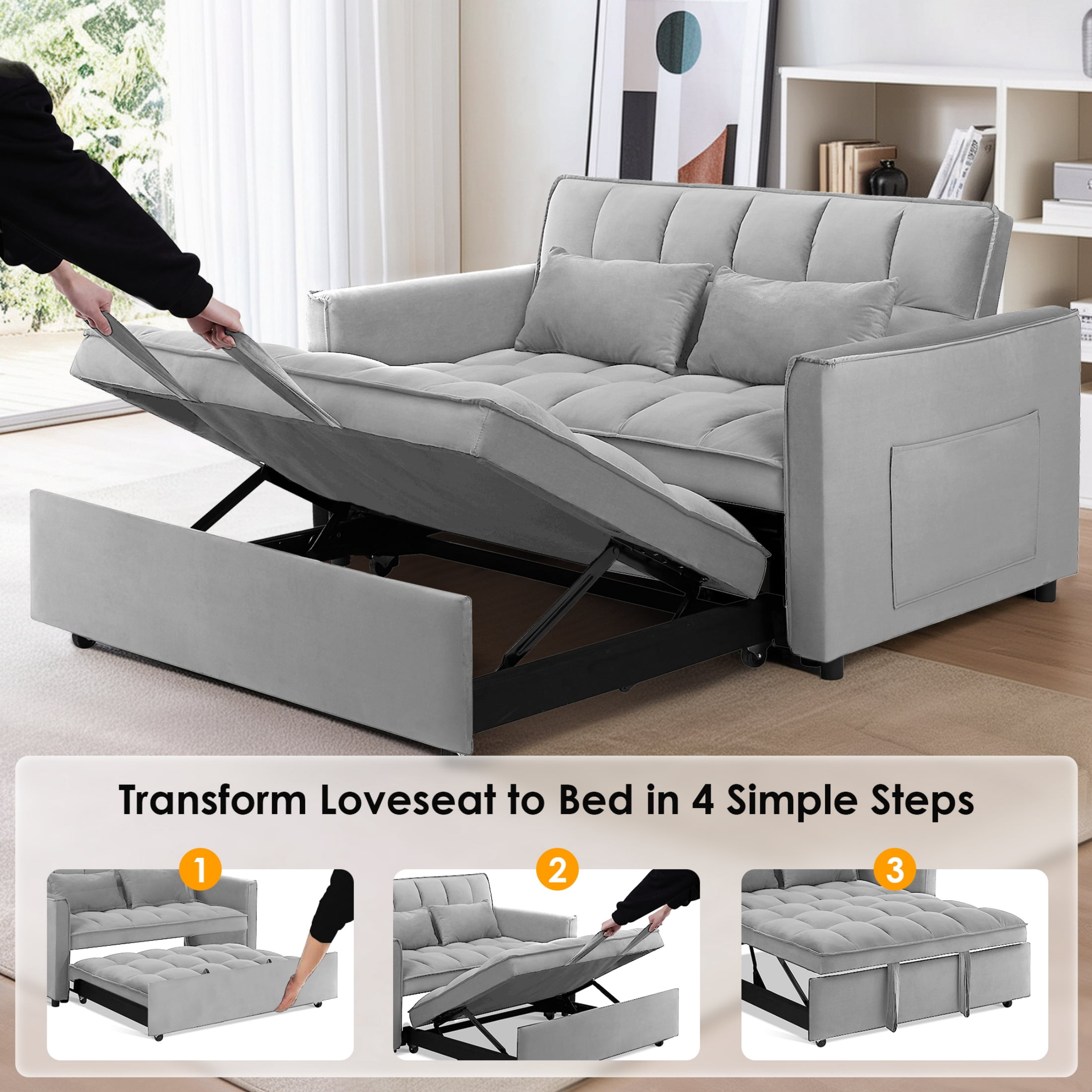 Anpport 3-in-1 Convertible Sleeper Sofa Bed, Pull-Out Loveseat Couch with Adjustable Back, Velvet Fabric, 55", Gray
