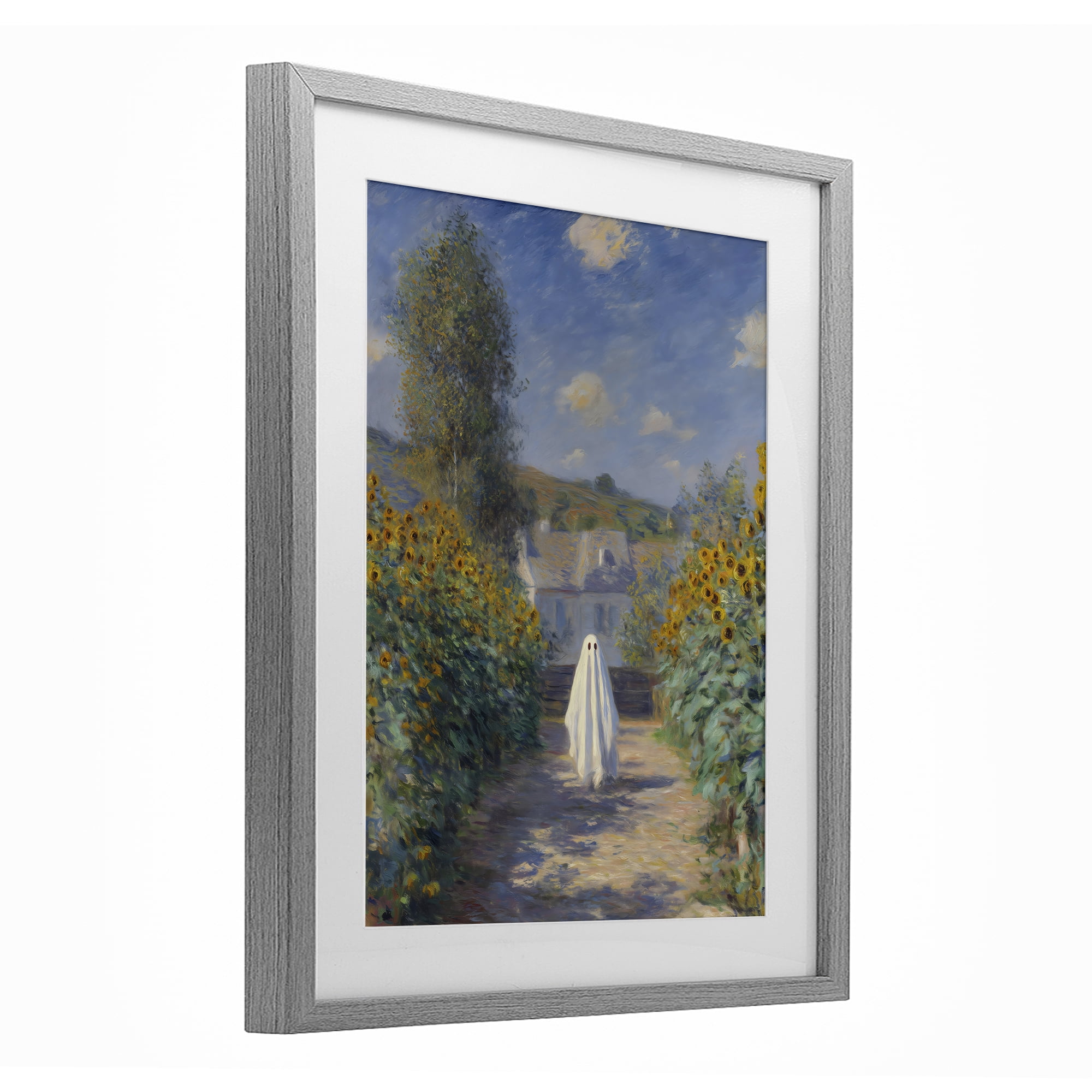 Monet Style Sunflower Ghost Gray Framed Print Under Glass, design by Arlington Prints