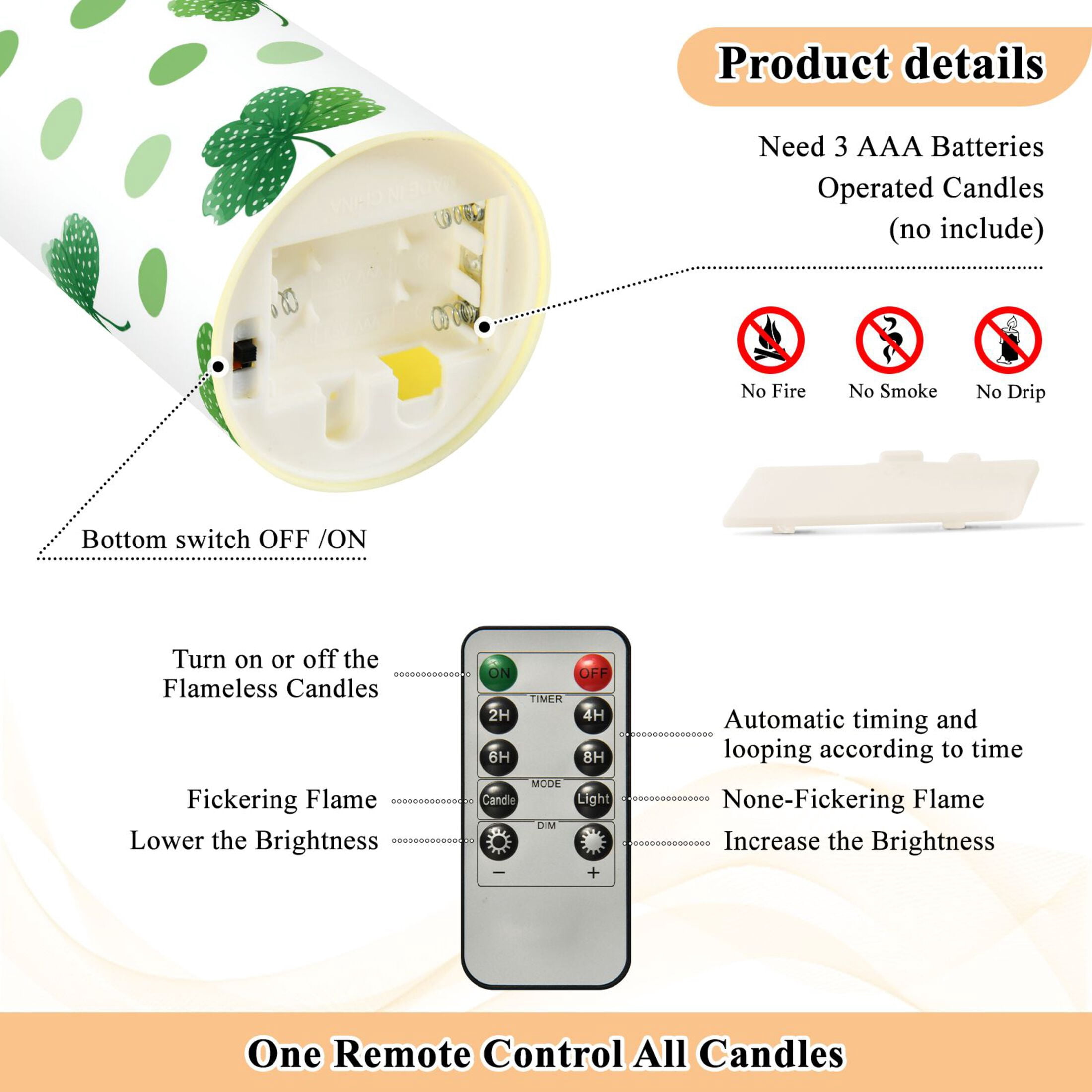 St Patricks Day Watercolor Dots Clovers Flickering Flameless Candles with Remote Timer Battery Operated LED Tealight Set of 2 M