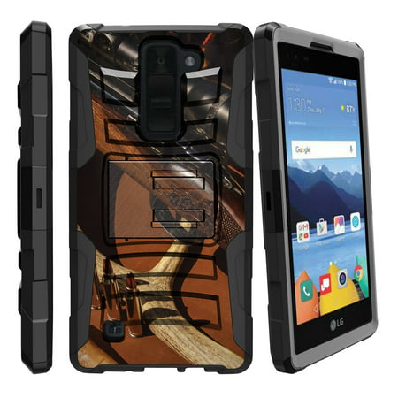 LG K8V and VS500 Miniturtle® Clip Armor Dual Layer Case Rugged Exterior with Built in Kickstand + Holster - Close up Gun