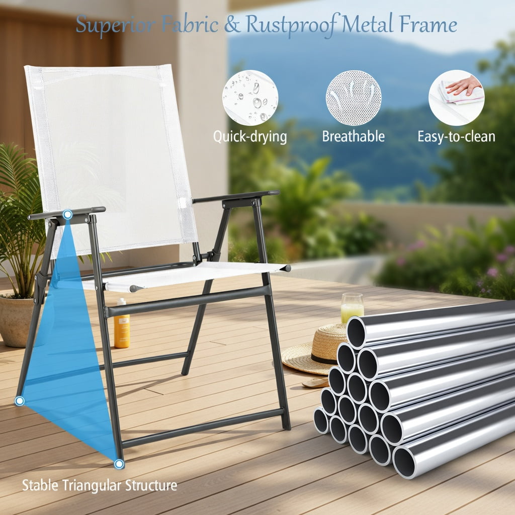 Hommoo 4-Pack Folding Patio Chairs, Rust-Resistant Metal Frame, Fabric, High-Back Comfort Design for Backyard, Deck & Camping, White