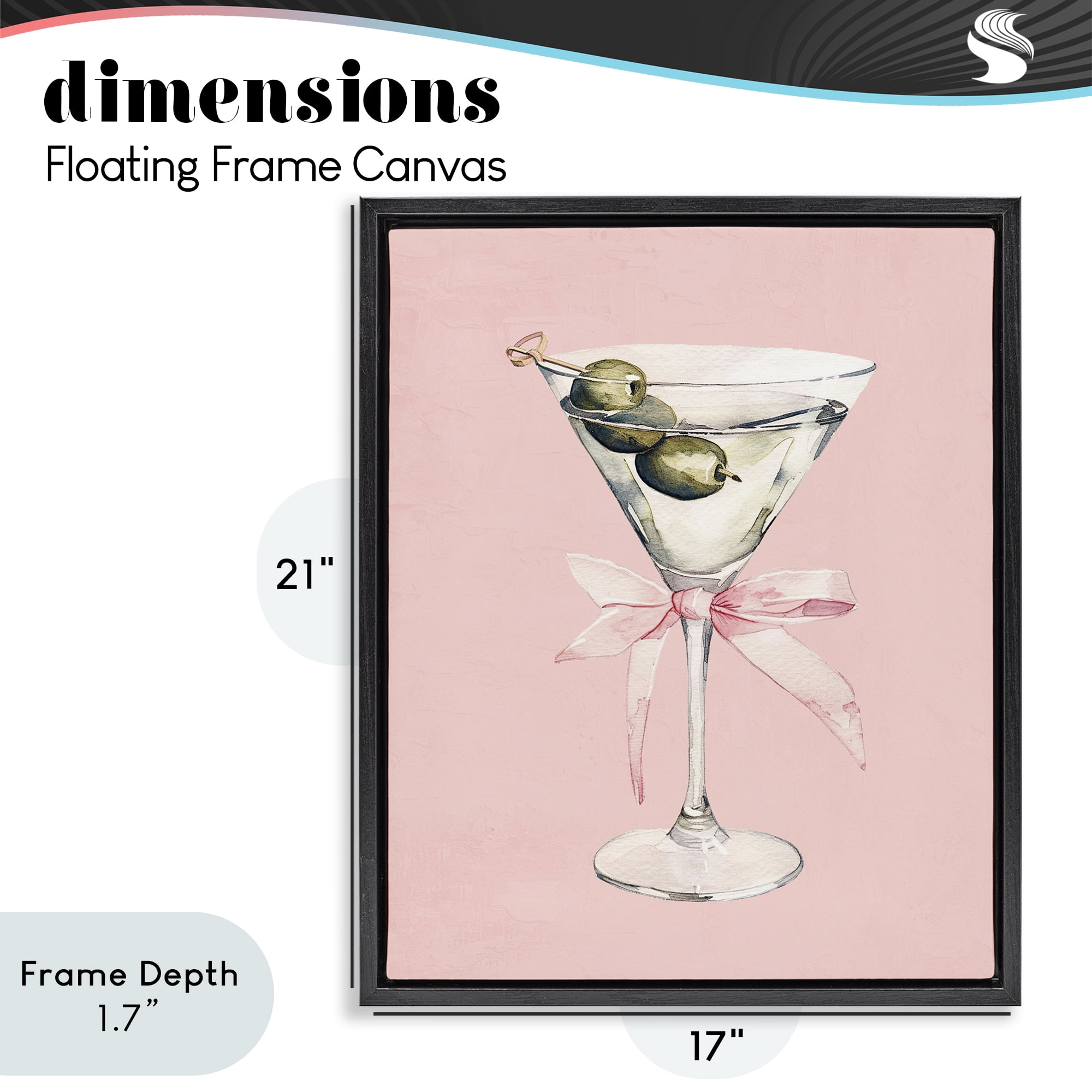 Stupell Industries Martini with Pink Bow Black Framed Floater Canvas Wall Art, design by Kim Allen