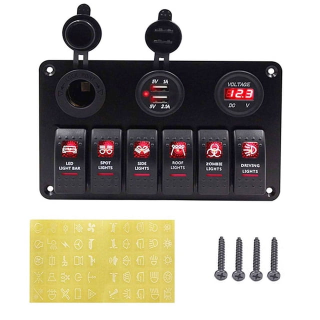 DC 12-24V Boat Marine Rocker Switch Panel LED Dual USB Socket Charger 1A&2.1A Voltmeter for Car RV Truck Camper GPS Mobiles