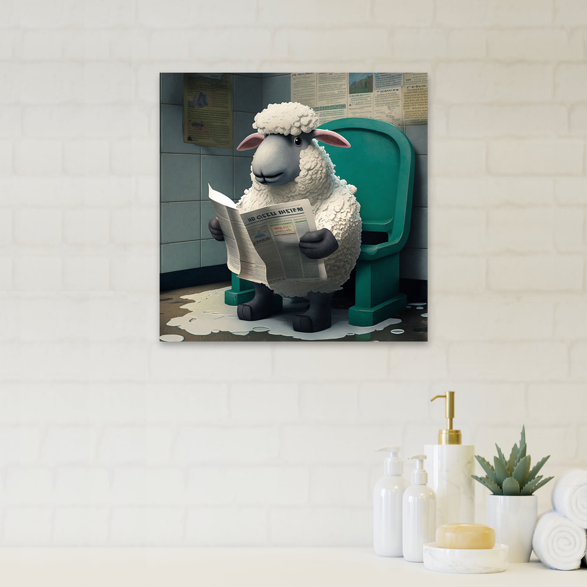Designart Sheep Sittong On Toilet Reading Newspaper Canvas Wall Art