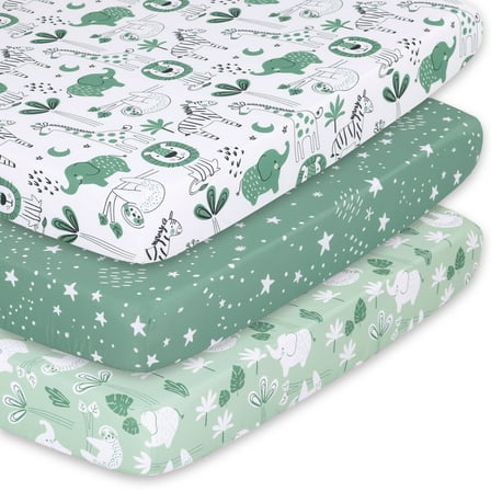 The Peanutshell Pack n Play, Mini Crib, Portable Crib or Fitted Playard Sheets for Baby Boy or Girl, 3 Pack Set, Green Safari