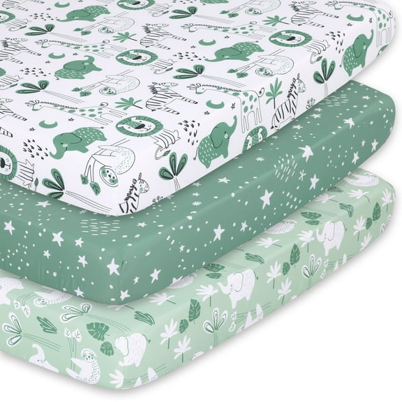 The Peanutshell Pack n Play, Mini Crib, Portable Crib or Fitted Playard Sheets for Baby Boy or Girl, 3 Pack Set, Green Safari