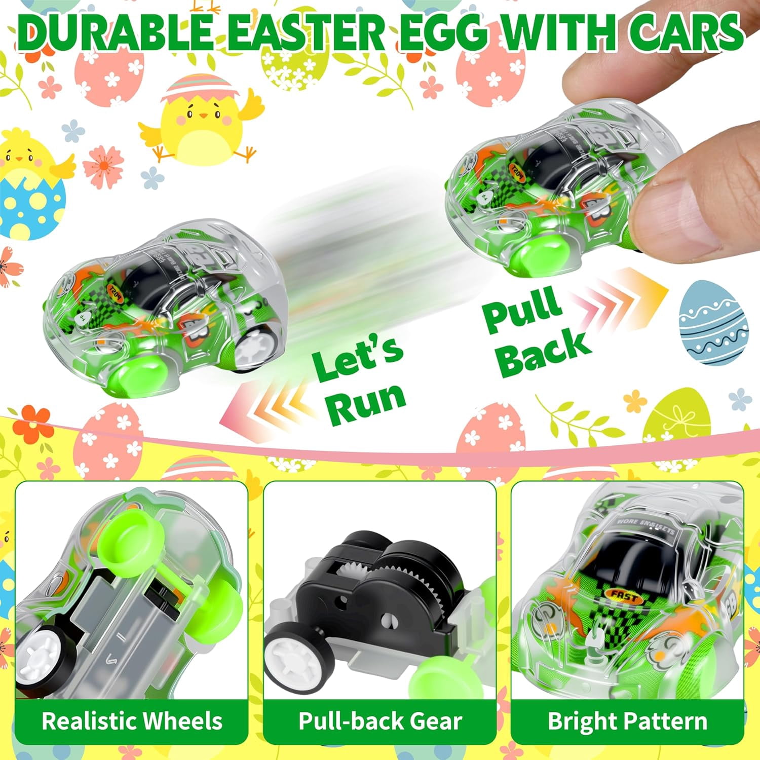 Prefilled Easter Eggs 24 Pack With Pull Back Toy Cars, Plastic Eggs With Toys Inside For Easter Egg Hunt, Basket Stuffers, Party Favors, Classroom Prizes For Kids