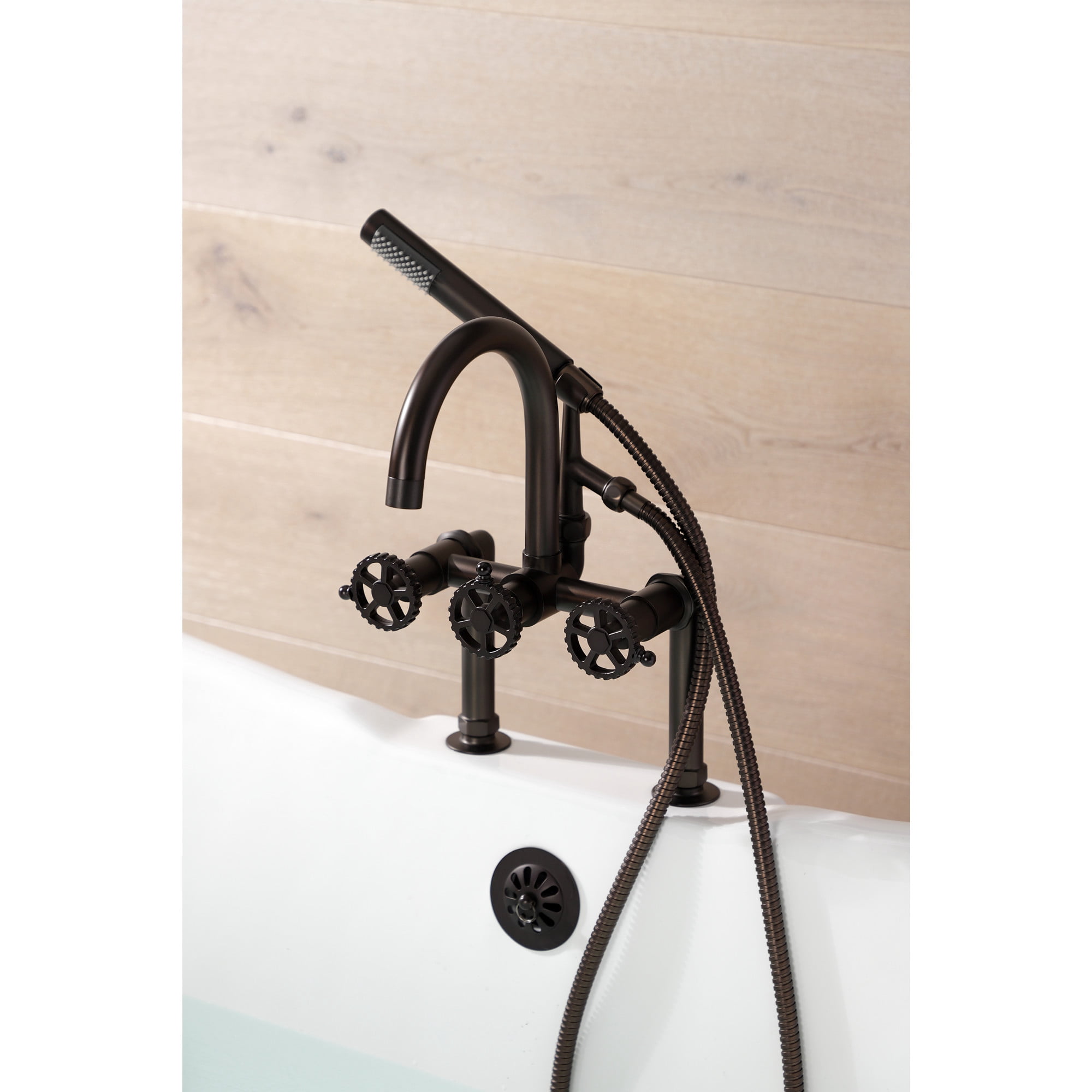 Kingston Brass AE8105CG Fuller Three-Handle 2-Hole Deck-Mount Clawfoot Tub Faucet with Hand Shower in Oil Rubbed Bronze