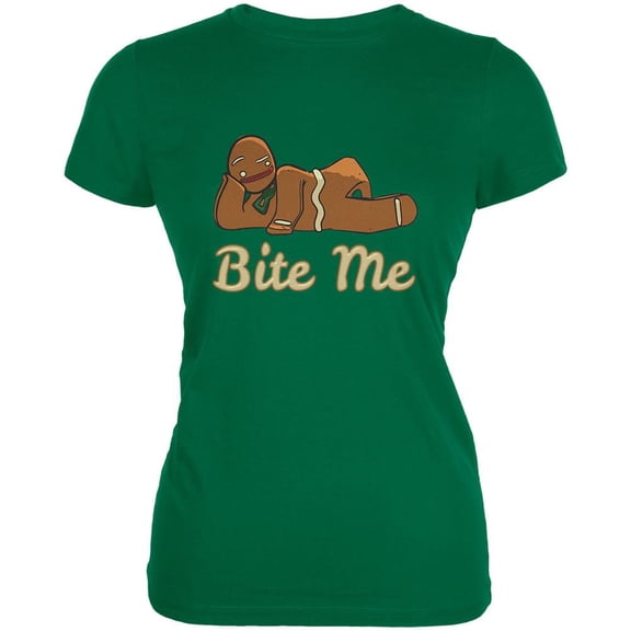 Gingerbread Man Bite Me Kelly Green Juniors Soft T-Shirt - Medium