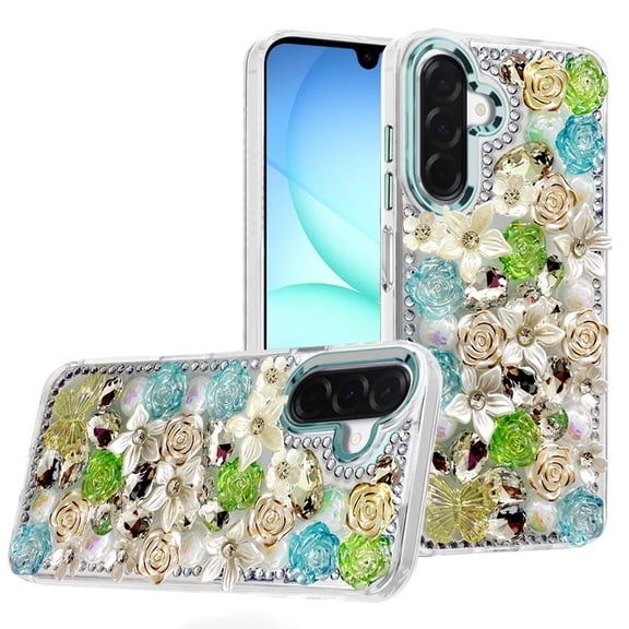 For Samsung A17 5G Muti-Color Rose Bling Stones Ornaments Case - Green