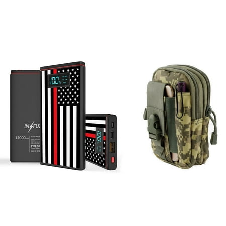 Redline The Stars INFUZE Slim Pocket 12000mAh Portable Charger Dual (USB-A, USB-C) 18W QC 3.0 Power Bank (Thin Red Line USA Flag), Organizer Pouch (ACU Pixel Camo) for Samsung Galaxy J3 (J3 V 3rd Gen, Star, Orbit) ()