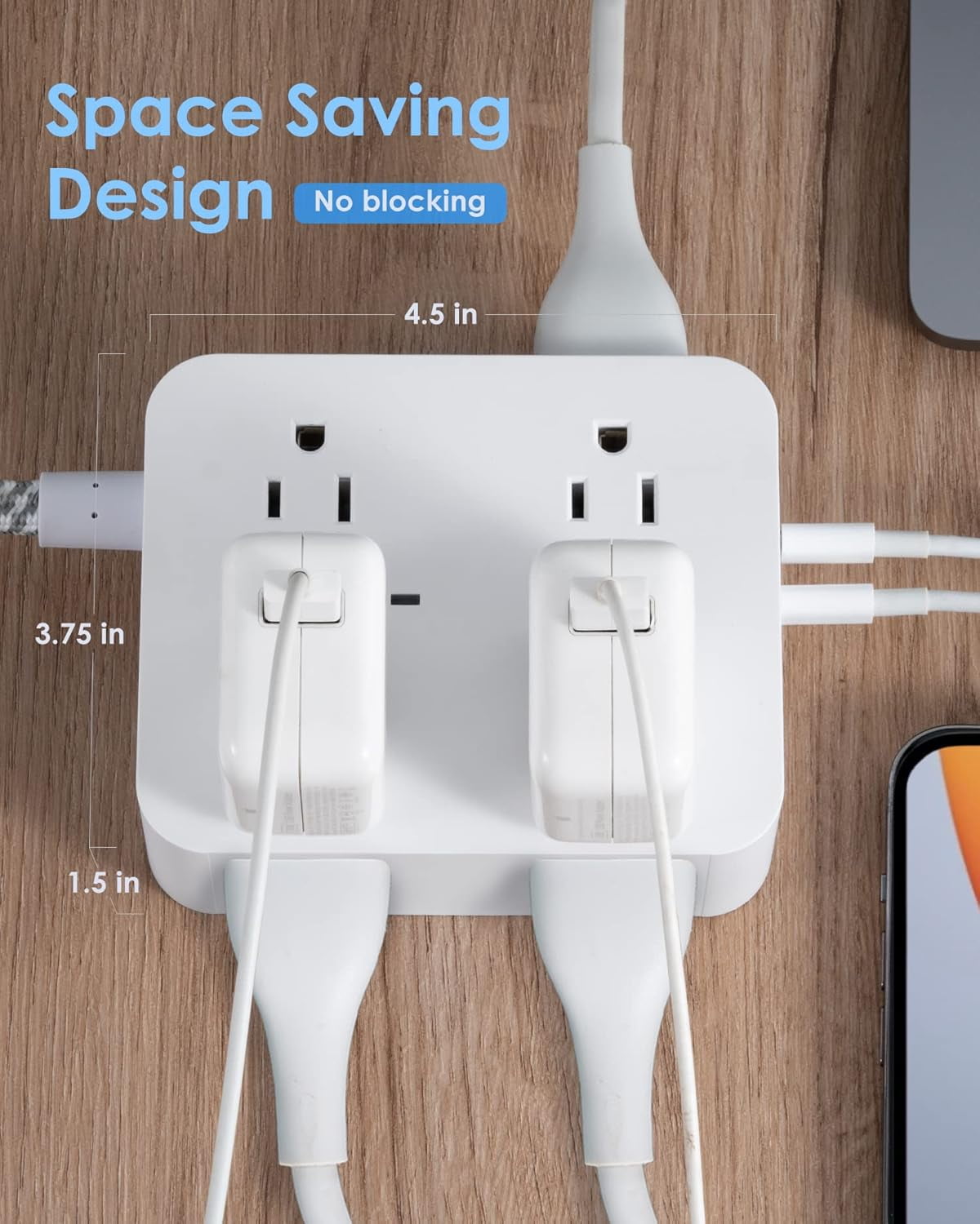 HearthHarmony 6Ft Surge Protector Power Strip with USB C Extension Cord with 8 Outlets(2.2 IN) 4 USB Ports(2 USB C) Flat Plug Wall Mount 3Side Outlet Extender for Home Dorm Room Essentials ETL Listed