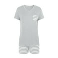 thumbnail image 5 of DuoJiaJ Women Summer Pajamas Striped V Neck Pocket Short Sleeve Shorts Pajama Set Cotton Nightwear For Women Grey, 5 of 5