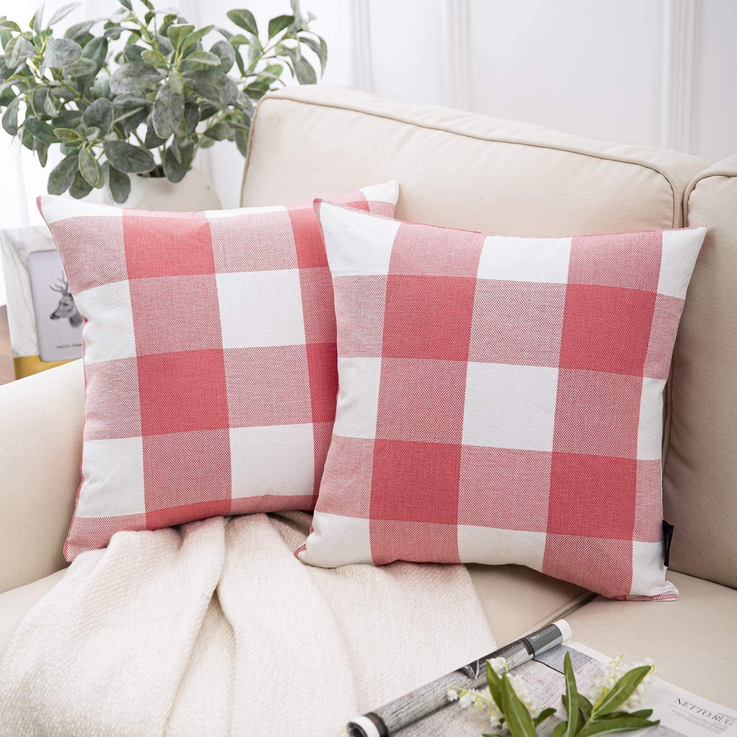 Geecy Pack Of 2 Buffalo Check Plaid Throw Pillow Covers Farmhouse Plaid Pillow Covers Square Pillow Cases For Christmas Home Decor Pink 18 X 18 Inches