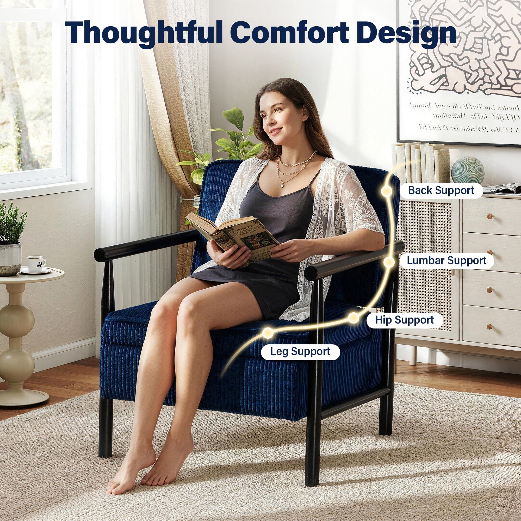 Aukfa Upholstered Accent Chair with Storage Seat & Waist Cushion, High-Density Lounge Armchair for Living Room Bedroom,Blue