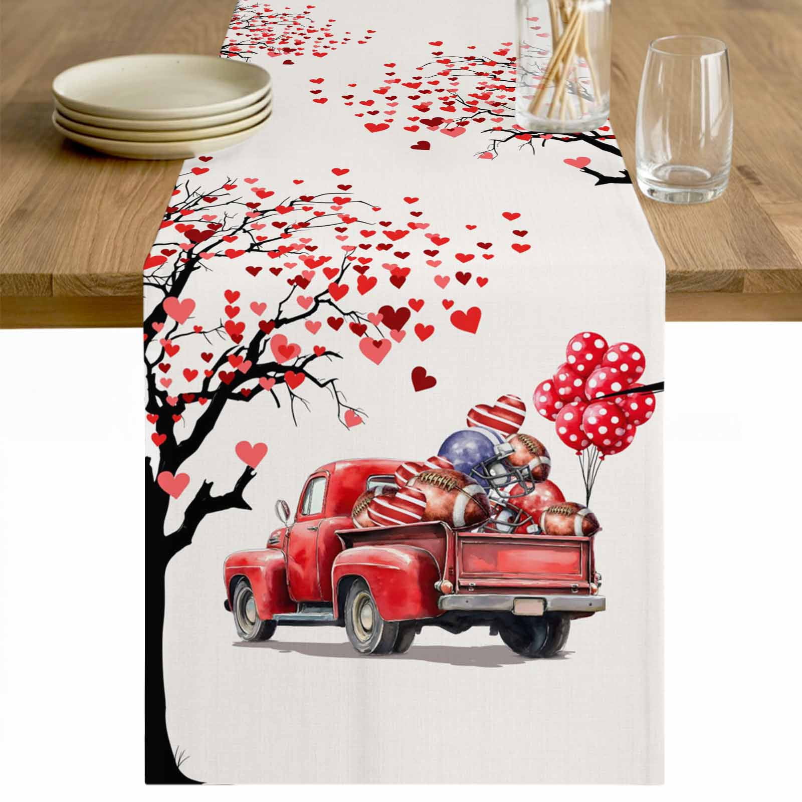 Valentine s Day Table Runner - 36 Inch Long Red Love Heart Tree Truck Balloons Rugby Cotton and Linen Blended Dress Scarves Farmhouse Table Runner for Kitchen Dining Coffee Table 13 x 36