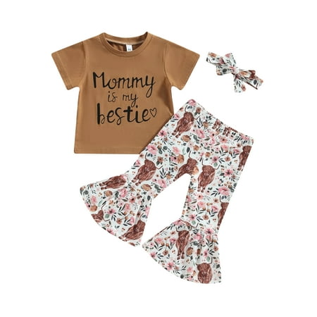 

Xingqing Kids Baby Girls Summer Outfits Short Sleeve T-shirt Tops Floral Flare Pants Headbands Clothes Set Khaki 3-4 Years