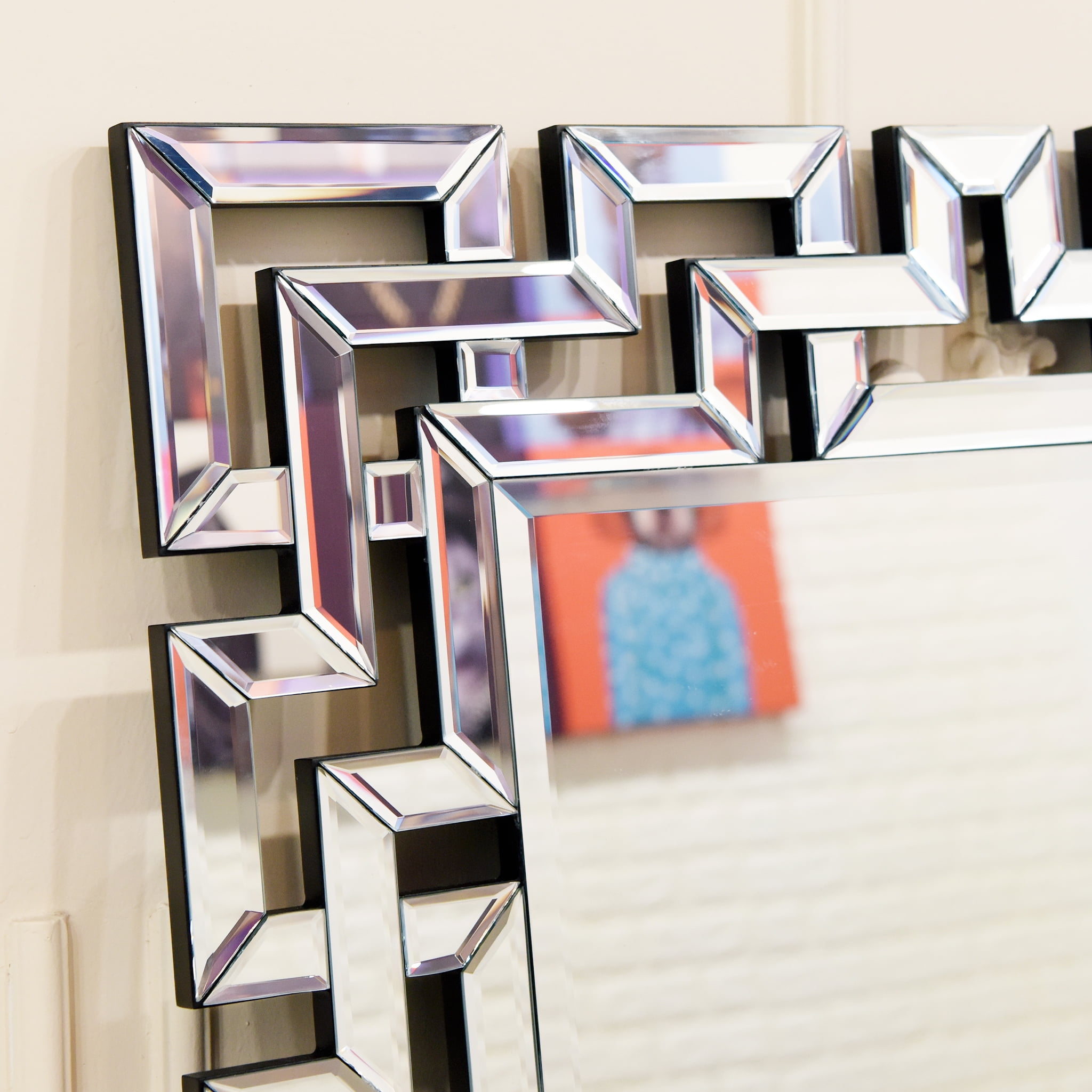 Modern Style Wooden Decorative Mirror with Rhinestone Inlays, Silver - 40 H x 44 W x 2 L Inches