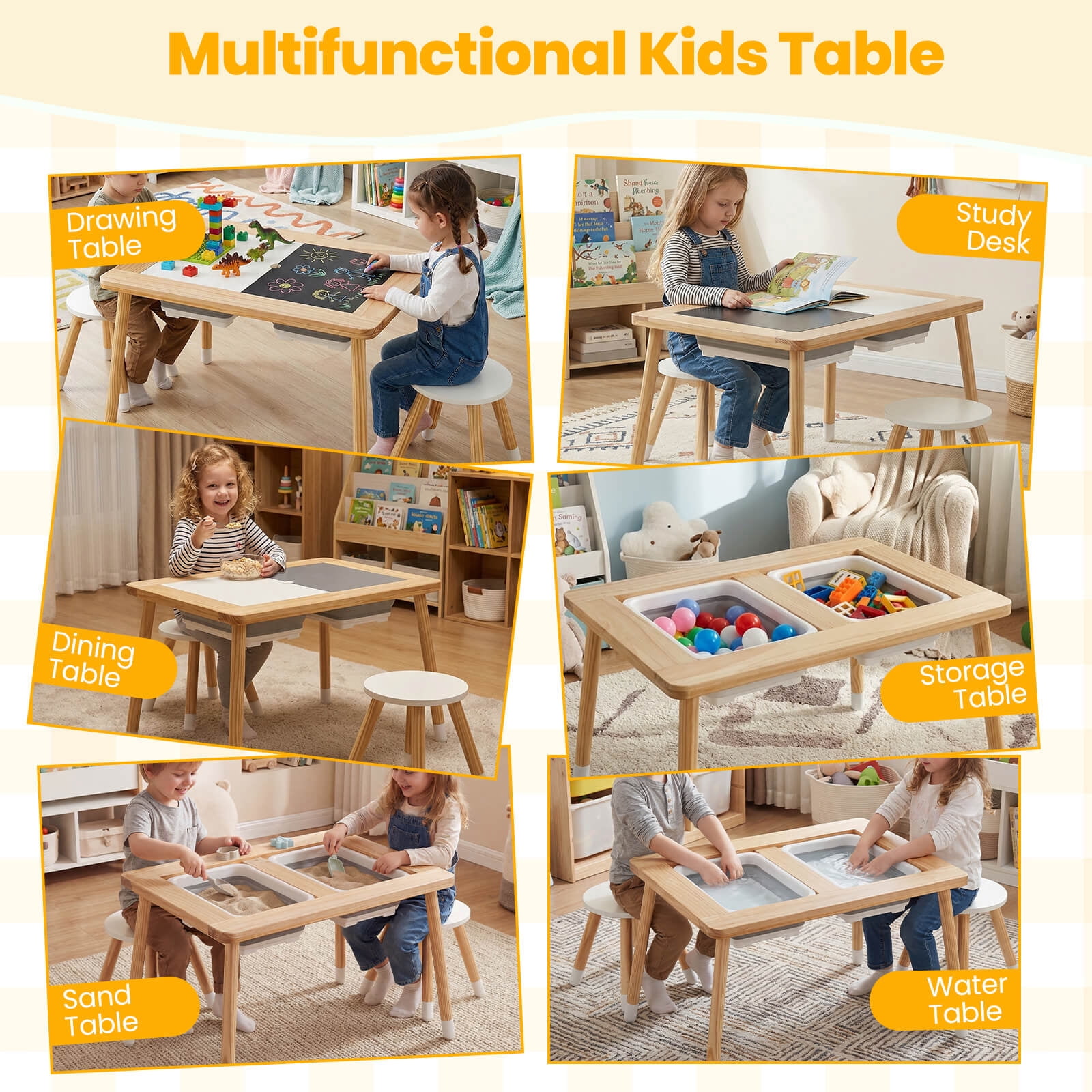 Costway Sensory Table with 2 Stools, Detachable Double-Sided Tabletops & 2 Storage Bins
