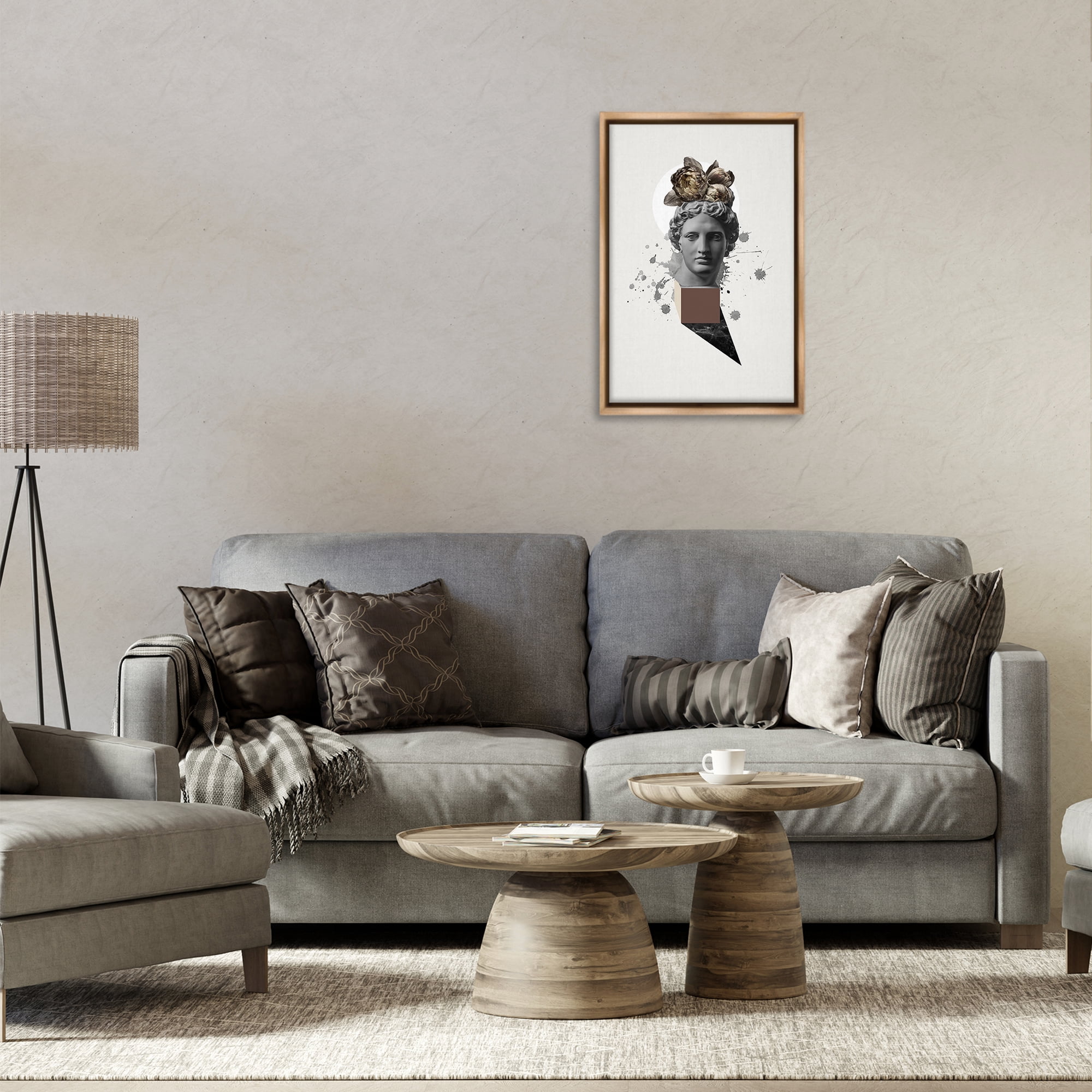Stupell Industries Modern Statue with Peonies Botanical & Floral Painting Brown Floater Framed Canvas Art Print Wall Art, 17 x 25