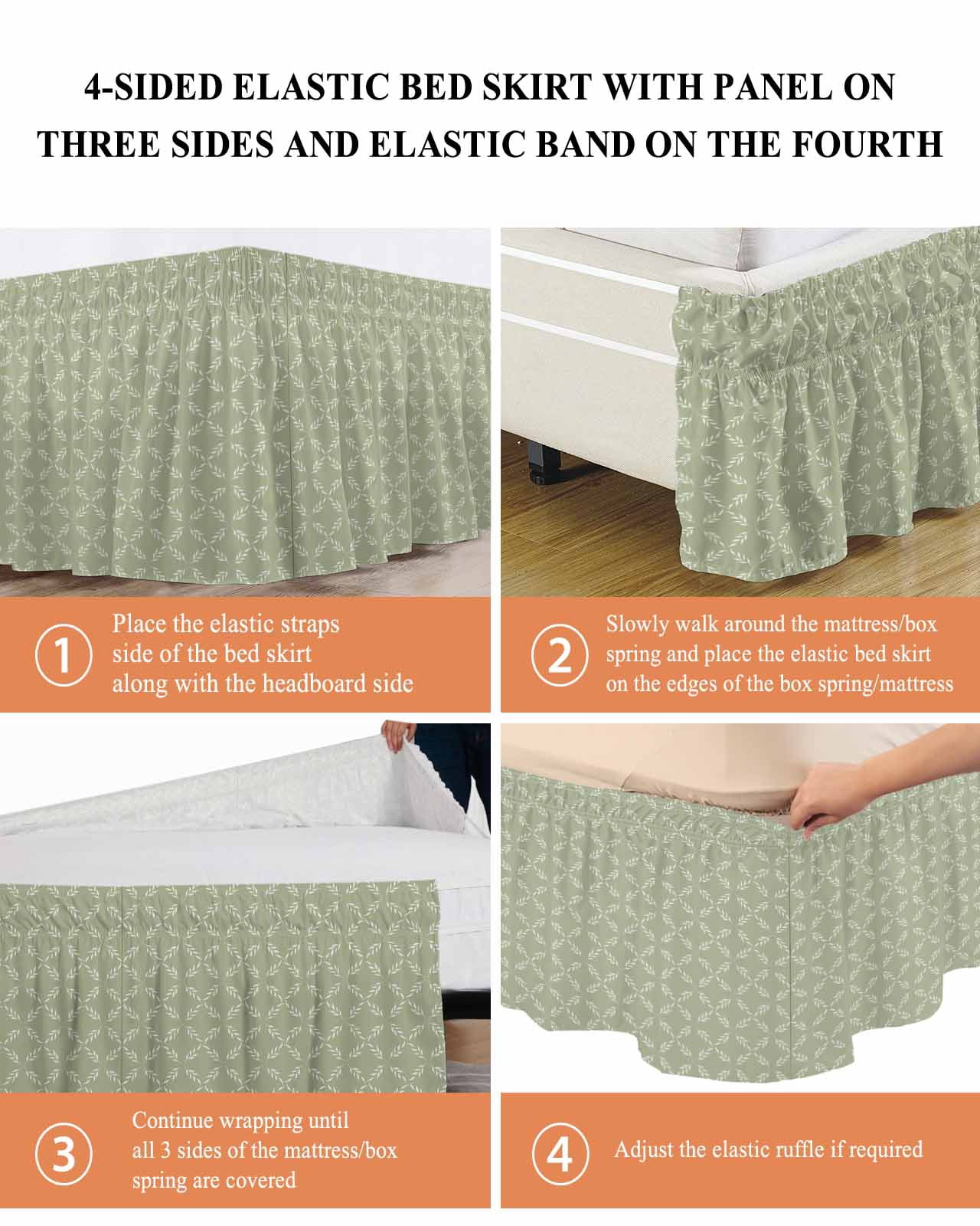 White Diamond Lattice Bed Skirt Green Retro Plaid Texture Bed Skirts Queen Size 16 Inch Drop, Wrap Around Dust Ruffle&nbsp;Bedskirt with Adjustable Elastic Belt for Queen Size Beds