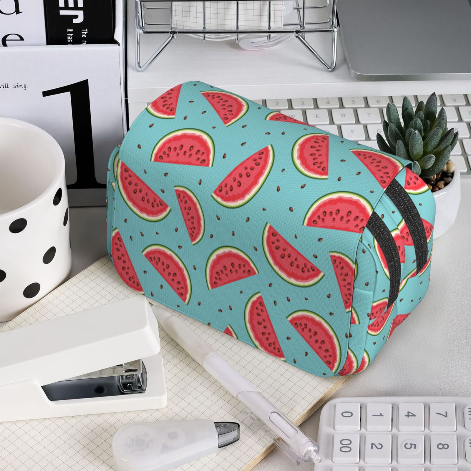 Rateoe Watermelon Pattern Double Clamshell Pen Case, Storage Organizer with Two Zipper Compartments– Holds Up to 50 Pencils & Pens