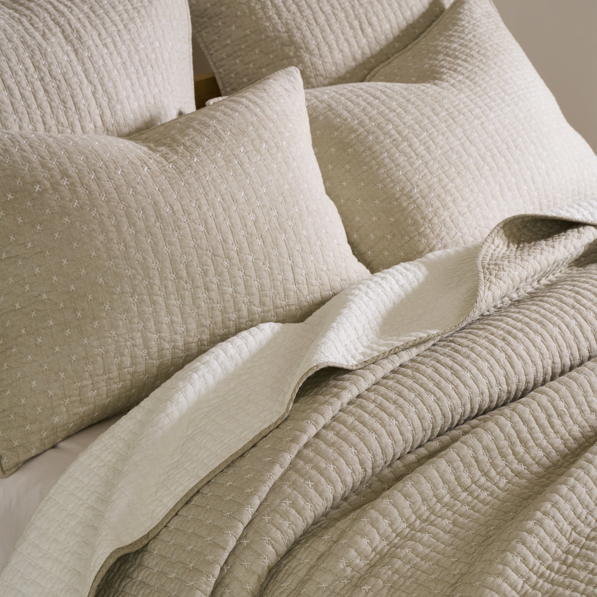 Levtex Home - Cross Stitch Quilt Set - 100% Cotton - King Quilt (106x92in.) + 2 King Shams (36x20in.) - Taupe