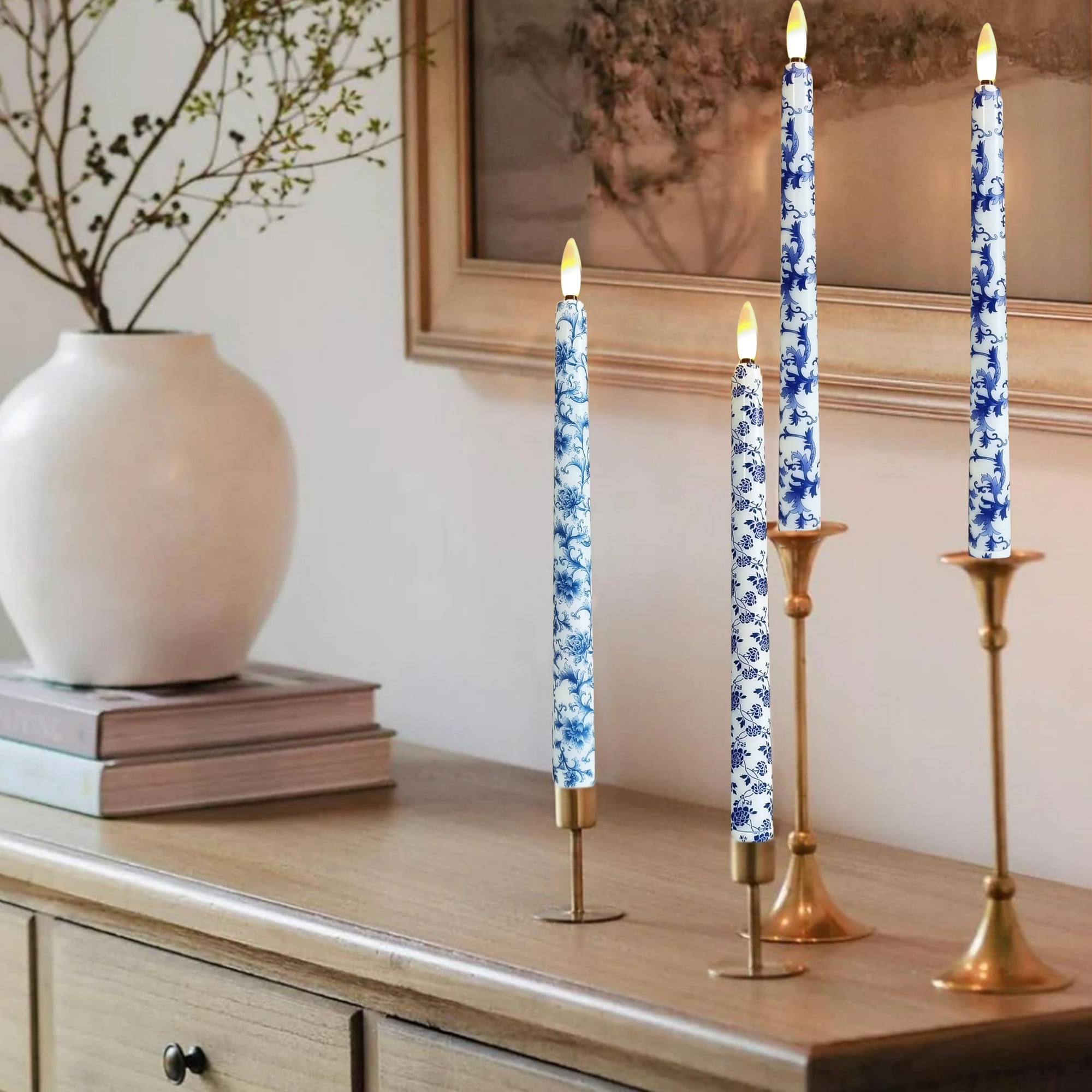 6PCS Printed Flameless Taper Candles, 11 Inch LED Candlesticks Battery Operated with 10-Key Remote and Timer, 3D Flickering Flame Lights for Wedding Party Home Decor Gifts