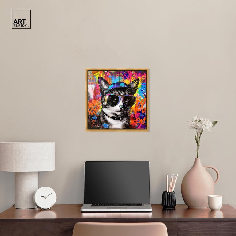 Stylish Graffiti Cat Canvas Graffiti Art by Art Remedy, Gold Frame Stylish Graffiti Cat Canvas Graffiti Art by Art Remedy, Gold Frame