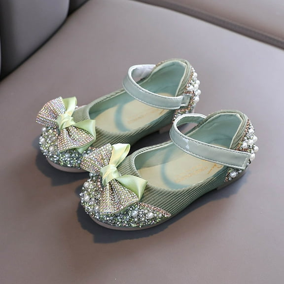 ZunFeo Girls Rhinestone Sparkly Sandals Light Green with Pearl Accent Bow Adjustable Strap Dress Party Wedding Shoes for Kids Little Big Kids,Size 12 T