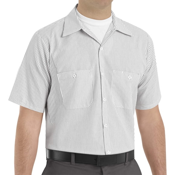 Red Kap Camisa de trabajo industrial a rayas para hombre, manga corta, color blanco y carbón