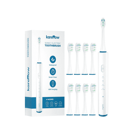 Karenow Sonic Electric Toothbrush for Adults and Kids with 4 Modes, 8 Soft Replacement Brush Heads, 9 Pack,40000 VPM Rechargeable Power Toothbrush with Wireless Charger,IPX7 Waterproof Battery Life