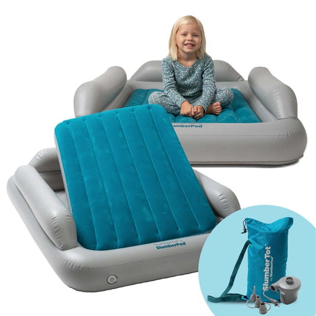SlumberPod SlumberTot Cama de viaje inflable para niños pequeños - Colchón de aire portátil para niños con protectores de seguridad - Tamaño perfecto ideal para viajes o uso doméstico - Incluye bomba