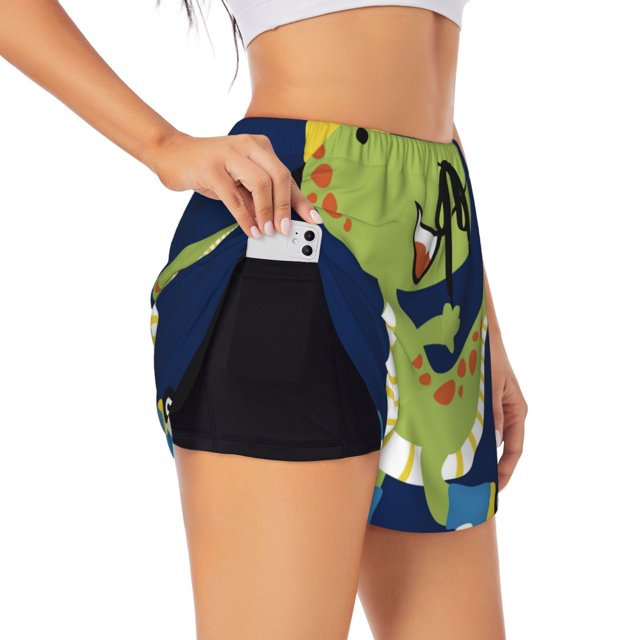 Balery Dino Playing Roller Skate Pantalones cortos deportivos para mujer con forro y dos bolsillos, elásticos, para entrenamiento, gimnasio, yoga-Medium