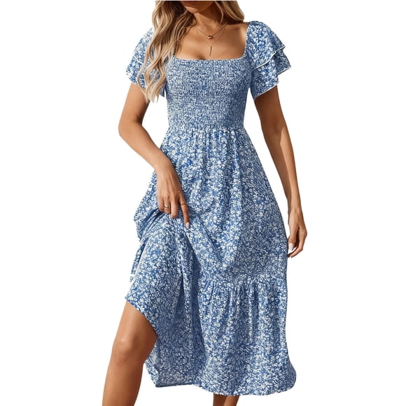 Summer Floral Midi Dress Womens Squares Neck Ruffle Sleeve Smocked Waisted A-Line Flowy Beach Vacation Dresses Blue XL