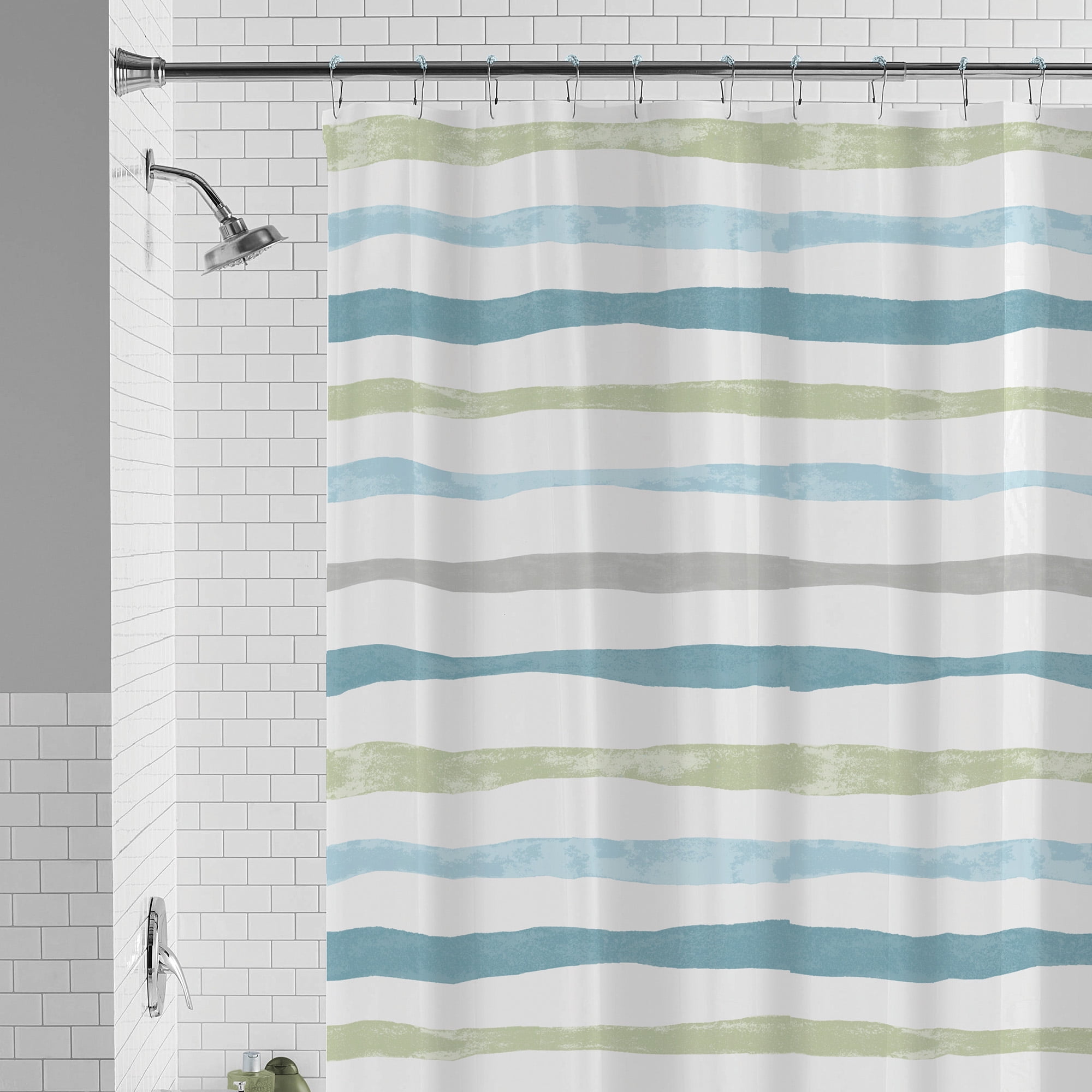 Mainstays Waterproof 30% Recycled PEVA Watercolor Stripe Shower Curtain Set & Hooks, 13-Piece, Blue
