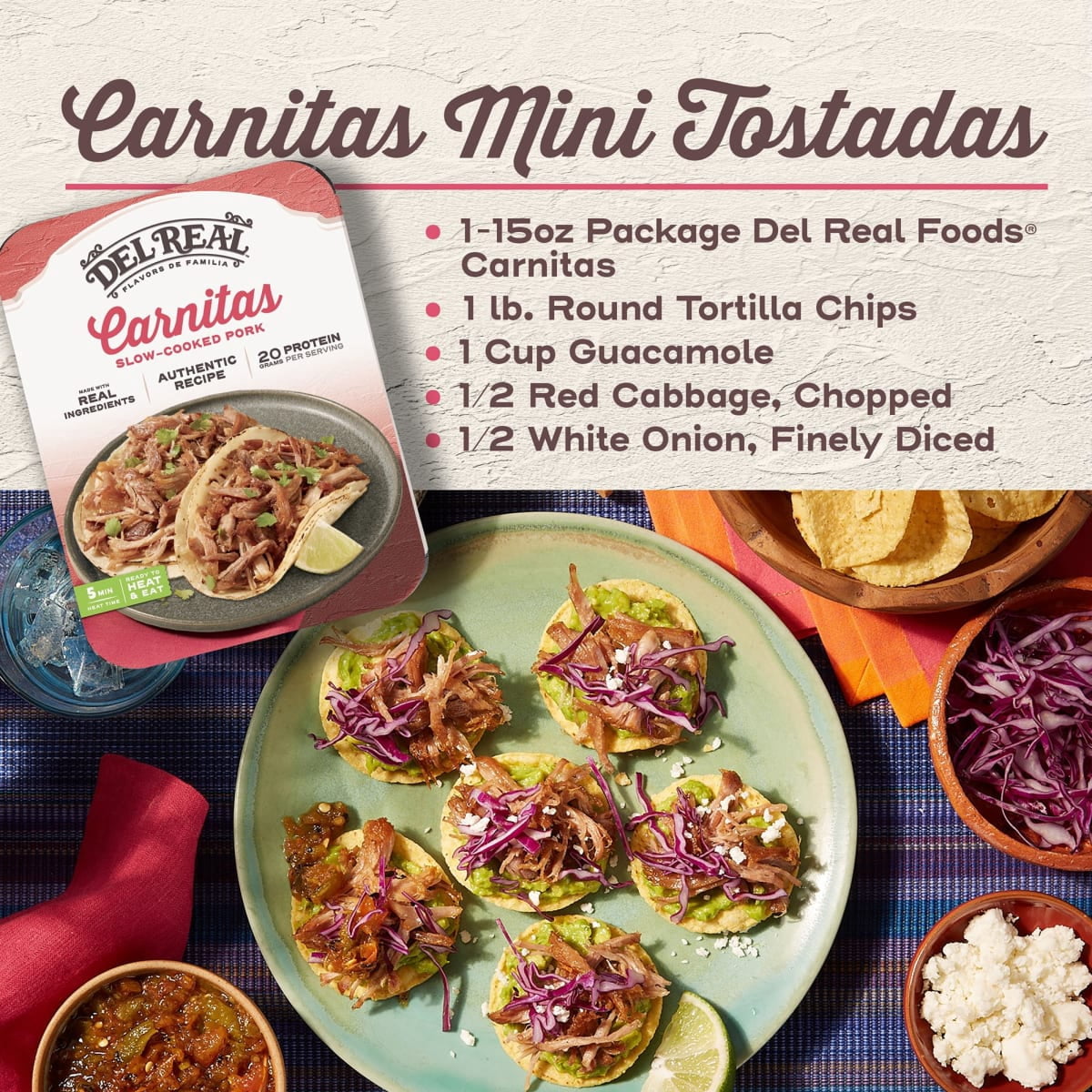 Del Real Foods Slow Cooked Pork Carnitas, 15 oz ( Fully Cooked)