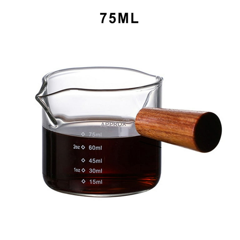 Double Spout Espresso Shot Glass with Wood Handle Espresso Glass 75 ml  Carafe Shot Glass Measuring Cup Mini Milk Glass Cup with Handle for Milk  Coffee Espresso Making 