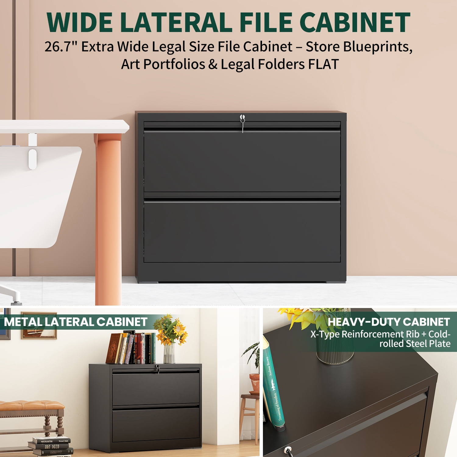 IKIMI 2-Drawer Lateral File Cabinet with Lock, 26.77" Wide Metal Filing Cabinet for Letter/Legal/A4 Files, Black