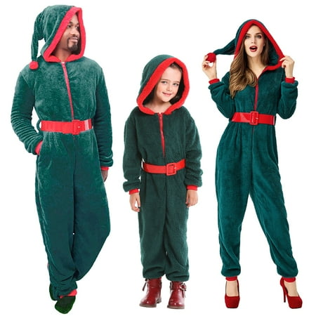 

Christmas Pajamas for Family Onesies Plus Size Matching PJs Hoodie Sleeper with Pockets and Belt Plush Cozy Warm
