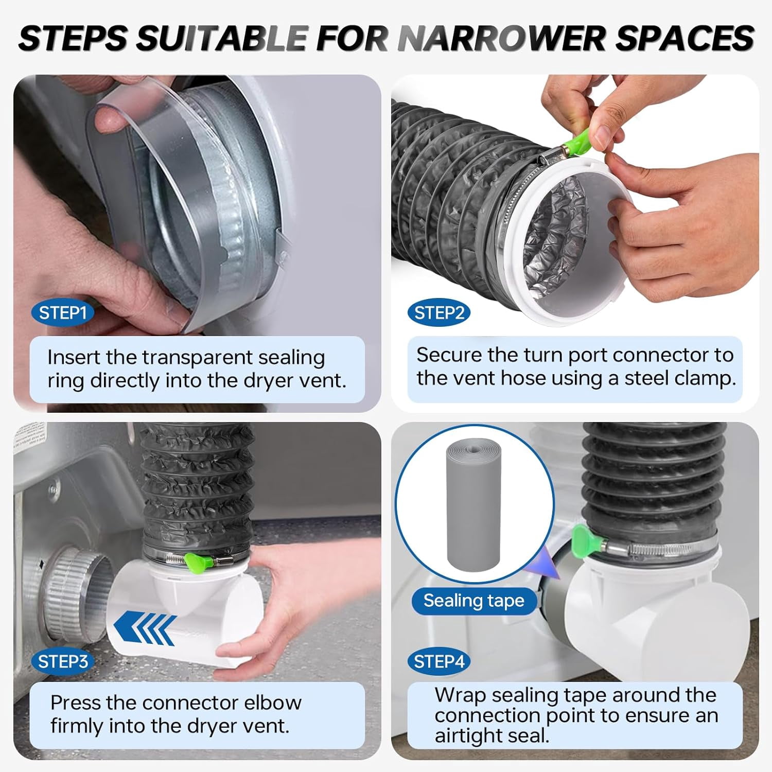 8FT Dryer Vent Hose for Tight Space, Indoor Dryer Hose Vent Kit with 6-Layer Duct Hose, 90 Degree Dryer Vent Elbow with Rubber Seal Connectors,Heat Resistant Dryer Exhaust Pipe,Easy Installation