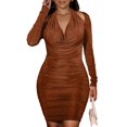 thumbnail image 1 of Paquete Vestido de cadera Halter Cintura alta Manga larga Color puro Vestido elegante para mujer Café L, 1 of 8