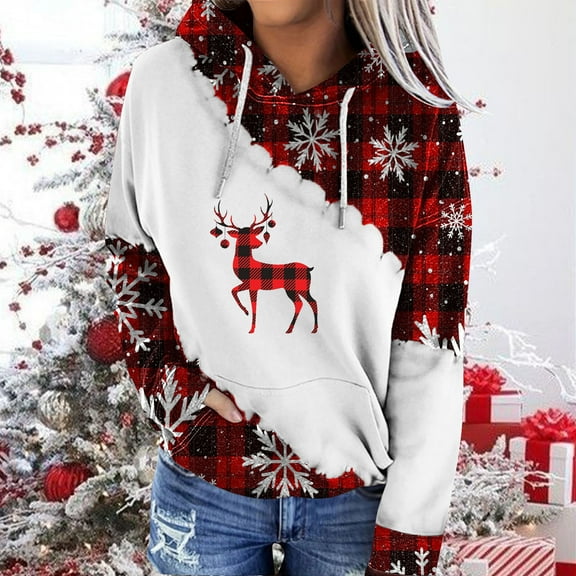 WXLWZYWL Women's Ugly Christmas Sweatshirt Crewneck Funny Graphic Printed Buffalo Plaid Reindeer Shirts Xmas Pullover Top
