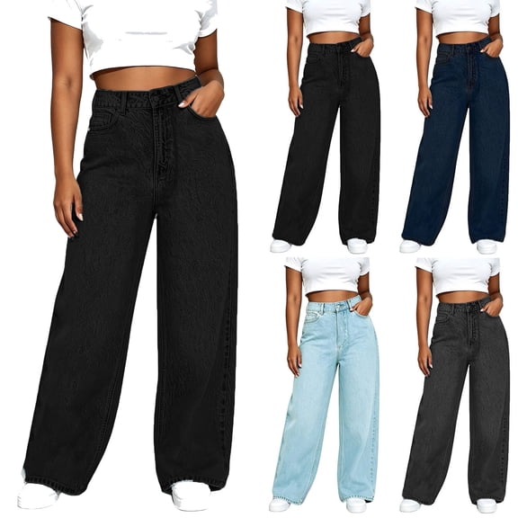 BEFOKA Women's Plus Size High Waisted Wide Leg Jeans Loose Straight Barrel Trouser Vintage Washed Denim Pants Button Casual Fashion