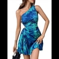 thumbnail image 1 of Vestido de Verano para Mujer 2025, Minivestido de un Solo Hombro con Efecto Tie-Dye, Plisado y con , para Invitada de Boda. Azul Pavo Real M, 1 of 10